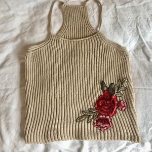 Cream Woven Crop Top with Flower Embroidery (XS-M)